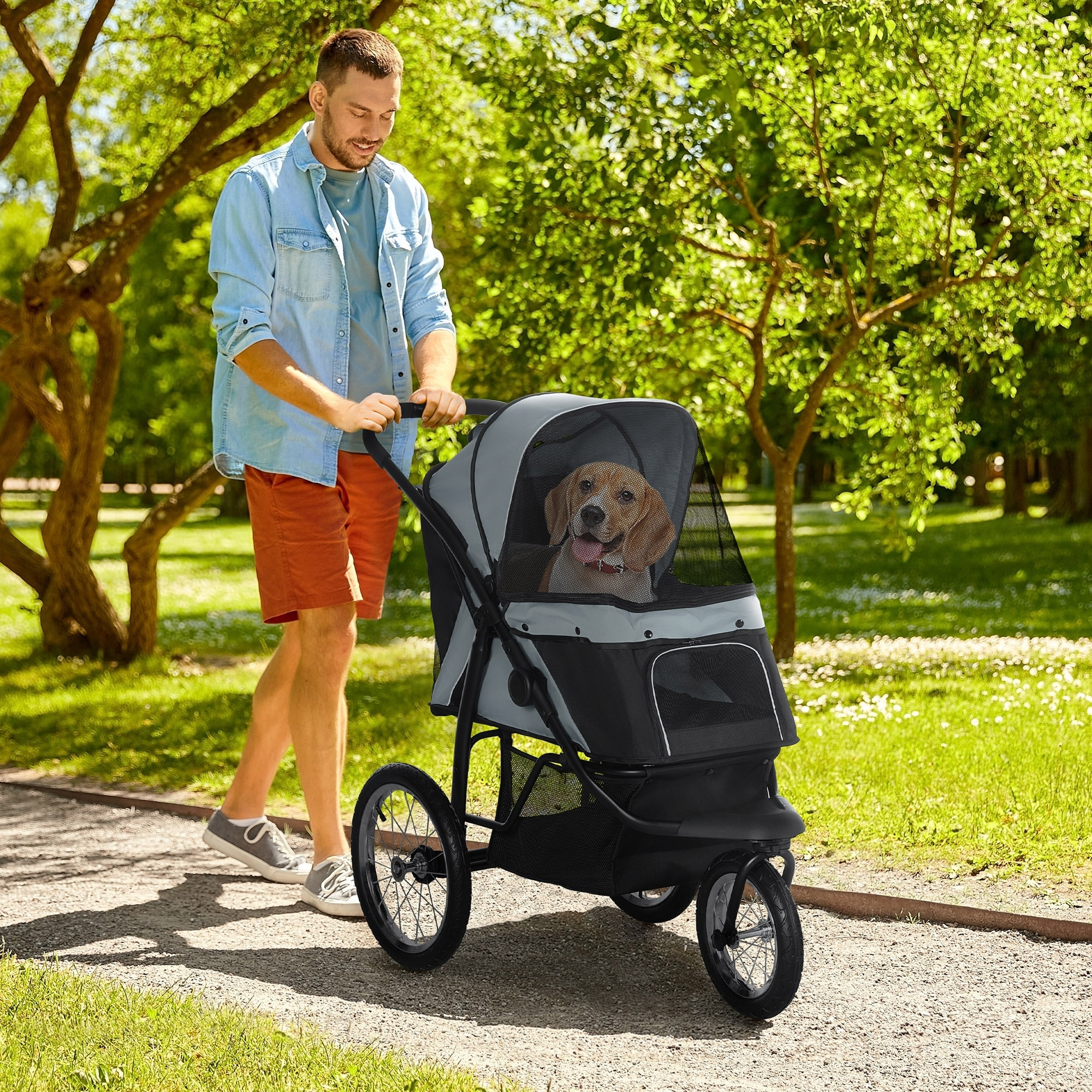 PawHut Carrito para Perros Plegable Cochecito para Mascotas Carrito para Perros Medianos Pequeños con Cesta de Almacenaje Capota Ajustable Ventana de Malla y 3 Ruedas Grandes 111x58x107 cm Gris
