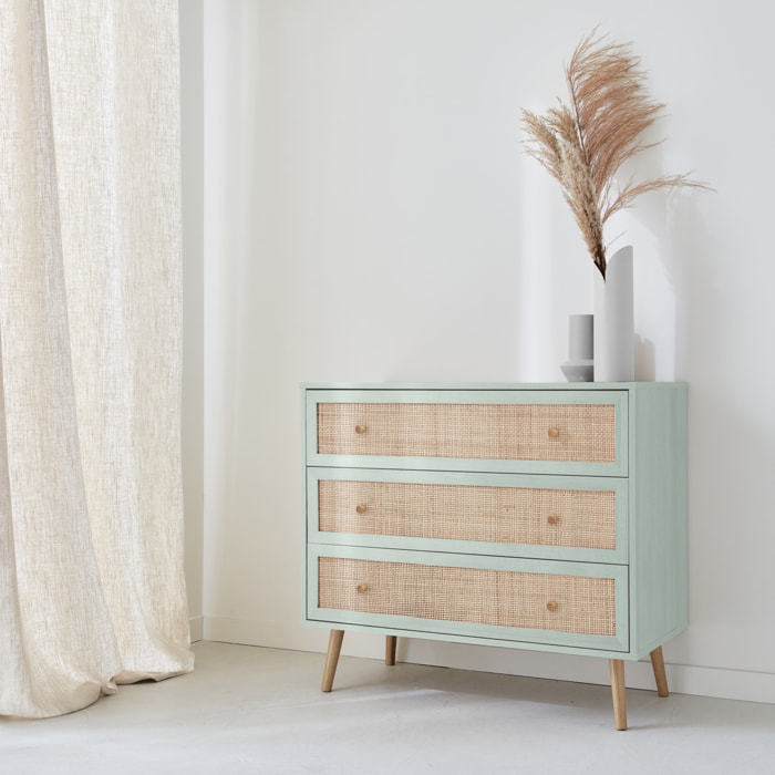 Commode en décor bois vert céladon et cannage 90x39x79cm - Bohème - 3 tiroirs