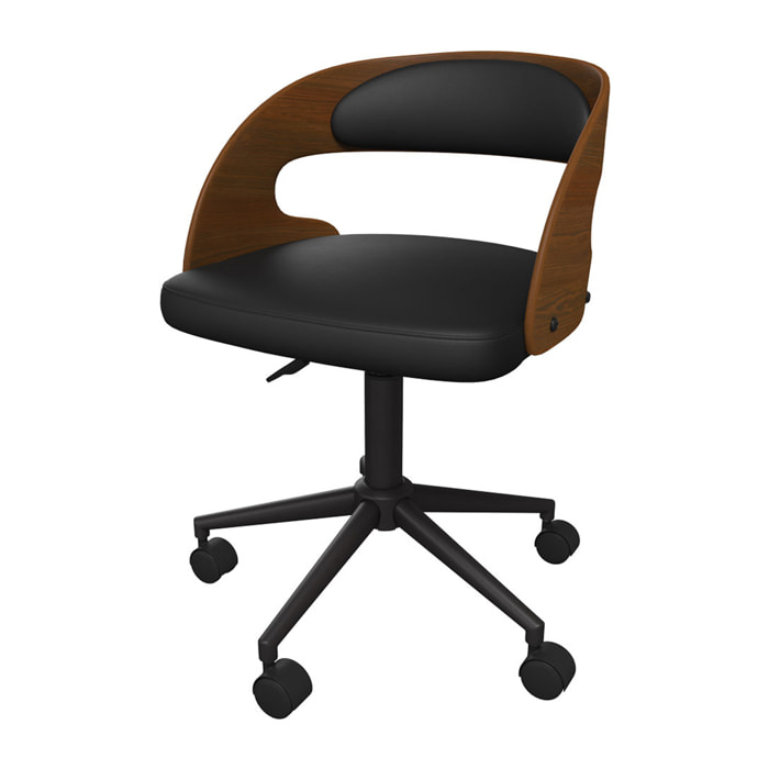 Chaise de bureau pivotante en bois foncé et PU noir - Louis