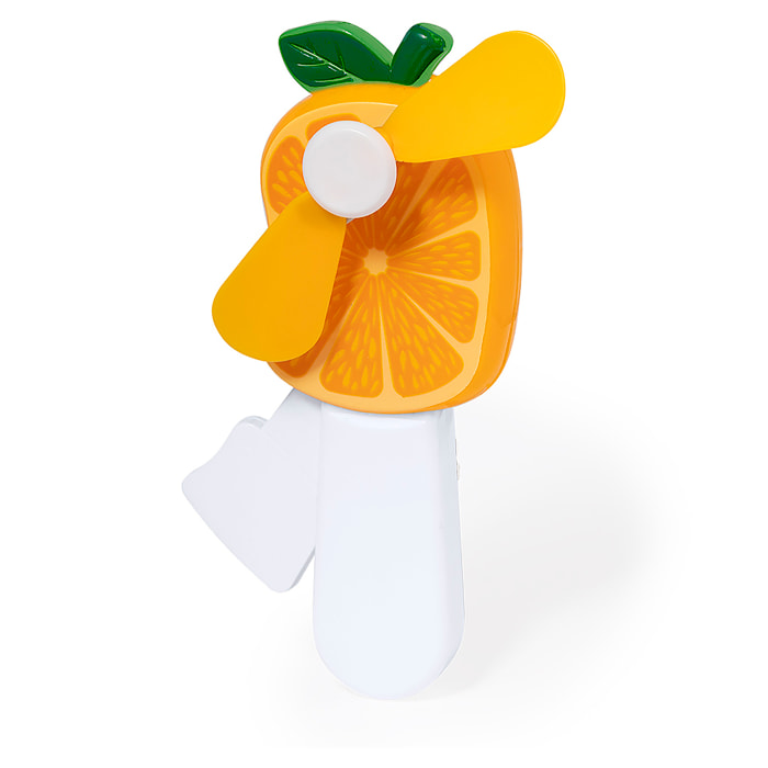 Ventilador portátil manual con divertido diseño de Naranja. Funciona mediante una palanca integrada, sin pilas ni baterías.