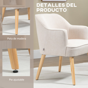 Sillón Nórdico Moderno Butaca de Salón Tapizada en Lino con Patas de Madera para Dormitorio Oficina Estudio Carga 120 kg 64,5x65x79,5 cm Crema