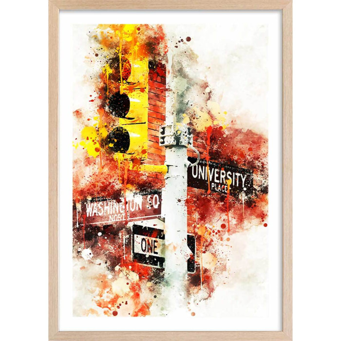 Affiche traffic lights university place Affiche + cadre en bois - Chêne