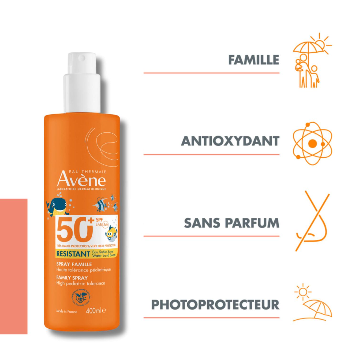Spray Famille SPF 50+ - Protection Solaire Résistant Eau Sable Sueur 400 ml