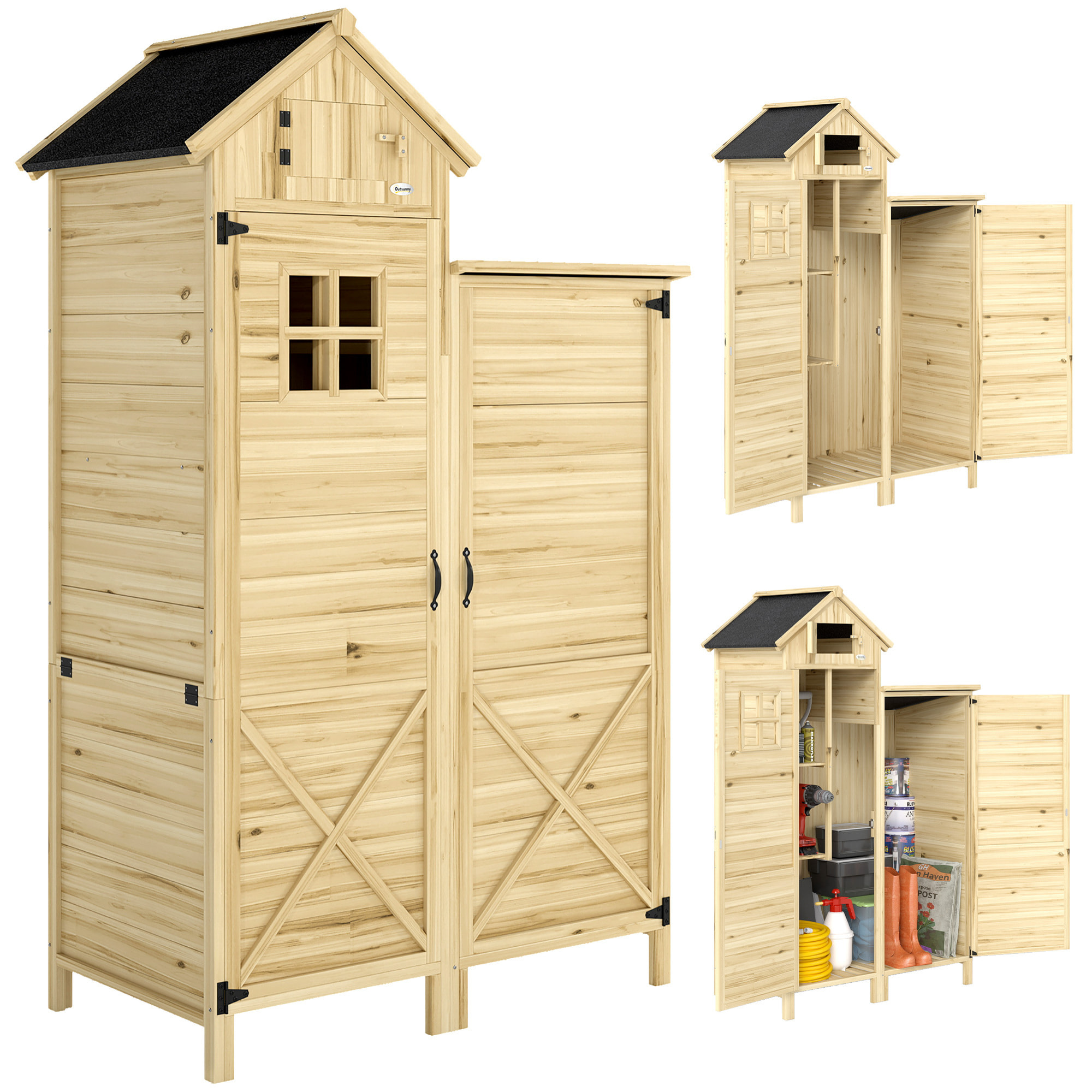 Caseta de Jardín de Madera 106x57x167 cm, Cobertizo Jardín Exterior, Armario para Herramientas con Doble Zona, Puertas, Estantes Desmontables, Techo Asfáltico Impermeable y Ventana, Natural