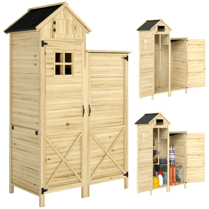 Caseta de Jardín de Madera 106x57x167 cm, Cobertizo Jardín Exterior, Armario para Herramientas con Doble Zona, Puertas, Estantes Desmontables, Techo Asfáltico Impermeable y Ventana, Natural