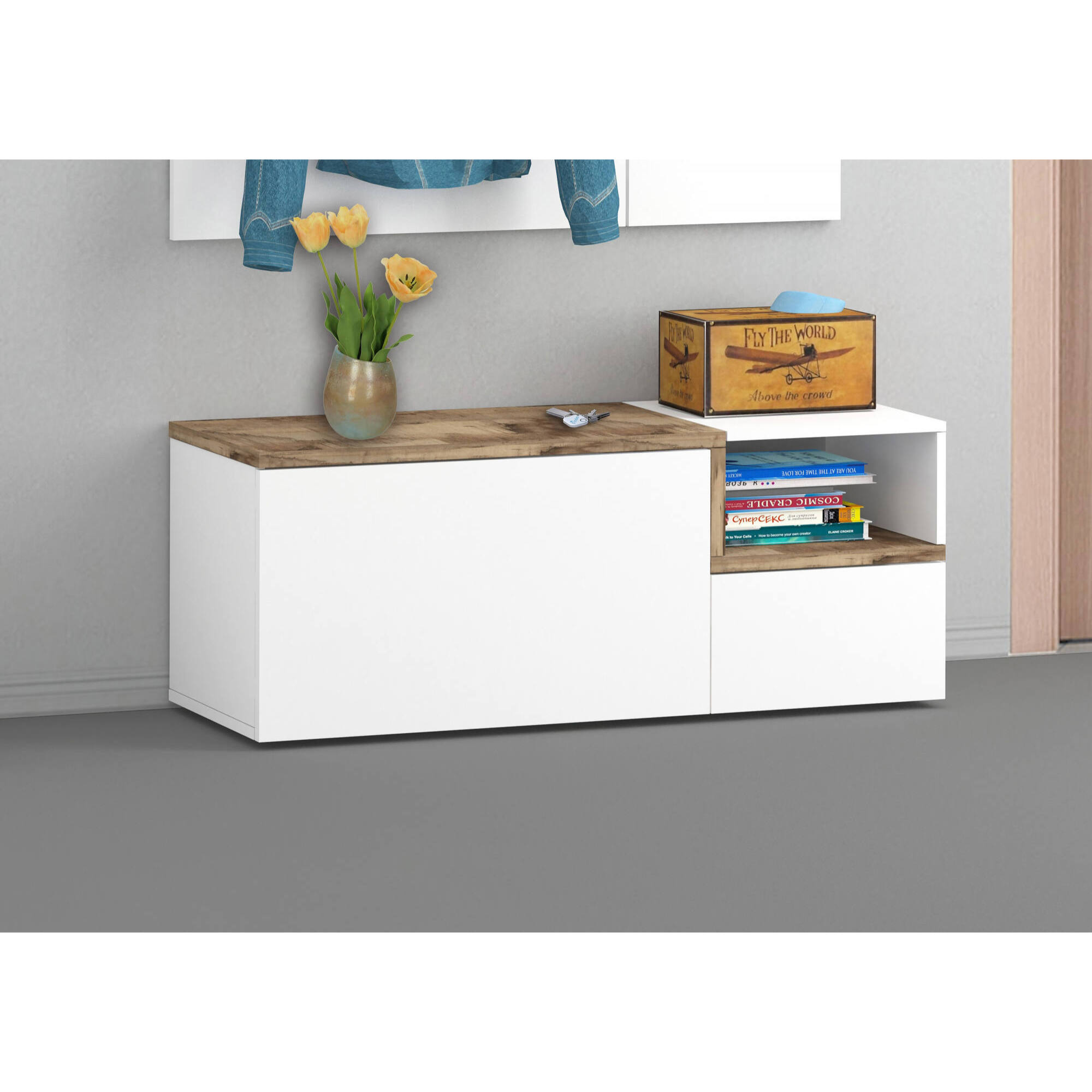 Mobile da ingresso Graziella, Entratina moderna multifunzione, Armadietto multiuso per atrio, 100% Made in Italy, cm 120x40h54, Bianco lucido e Acero