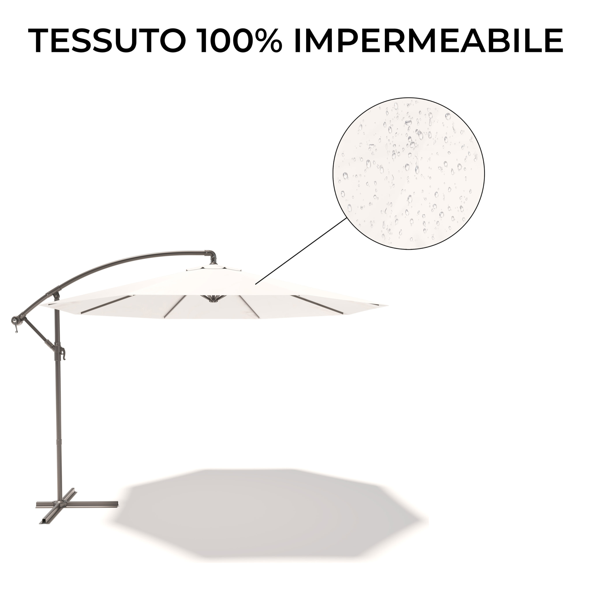 Ombrellone 3x3 M Decentrato Retrattile Braccio Rotabile Chiusura Manovella Giardino Piscina In Acciaio Inossidabile Telo 180 g/m2 Impermeabile Bianco