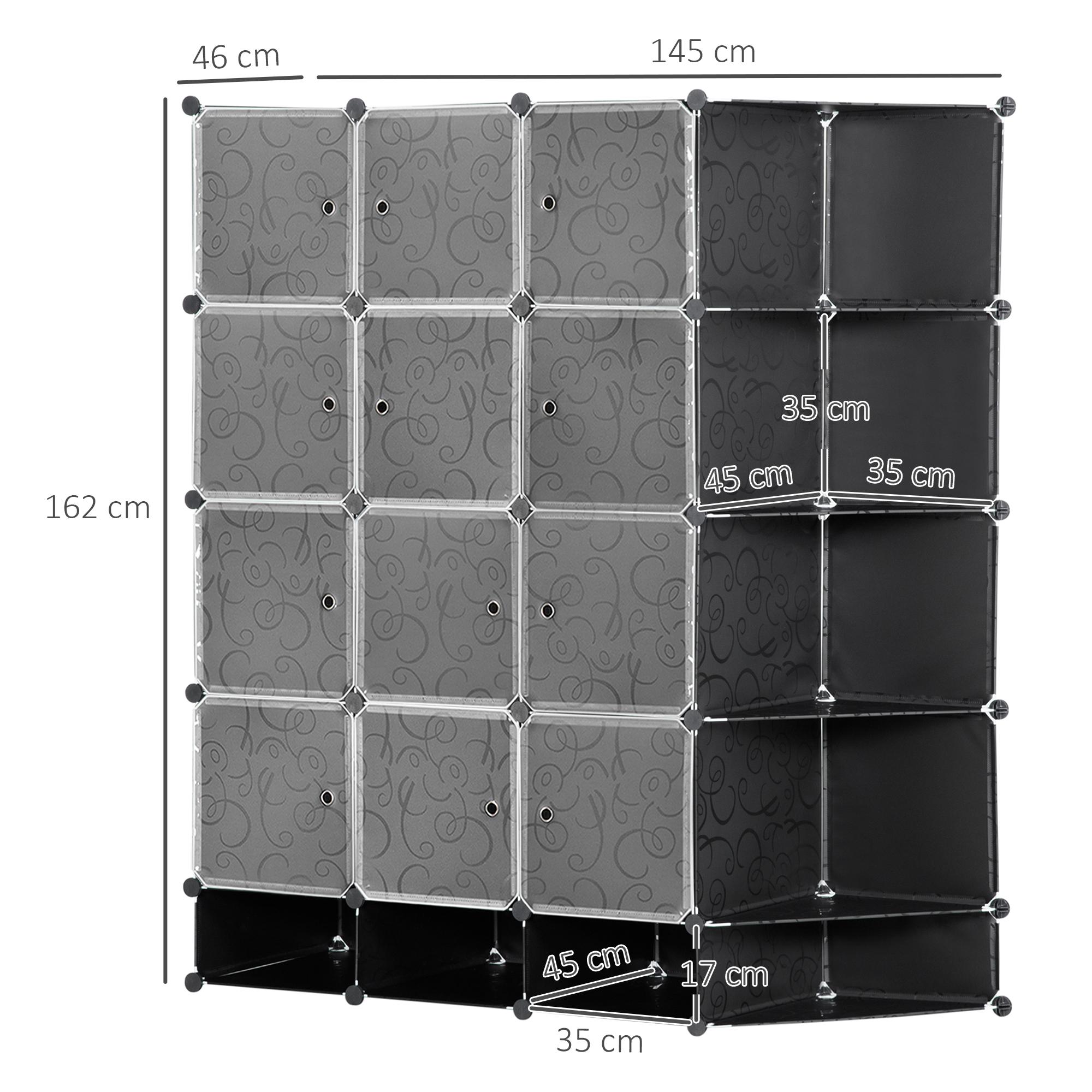 HOMCOM Armario Modular de Plástico Armario Portátil con 16 Cubos y 2 Barras Organizador de Zapatos Ropas Juguetes para Entrada Pasillo Dormitorio 145x46x162 cm Negro y Blanco