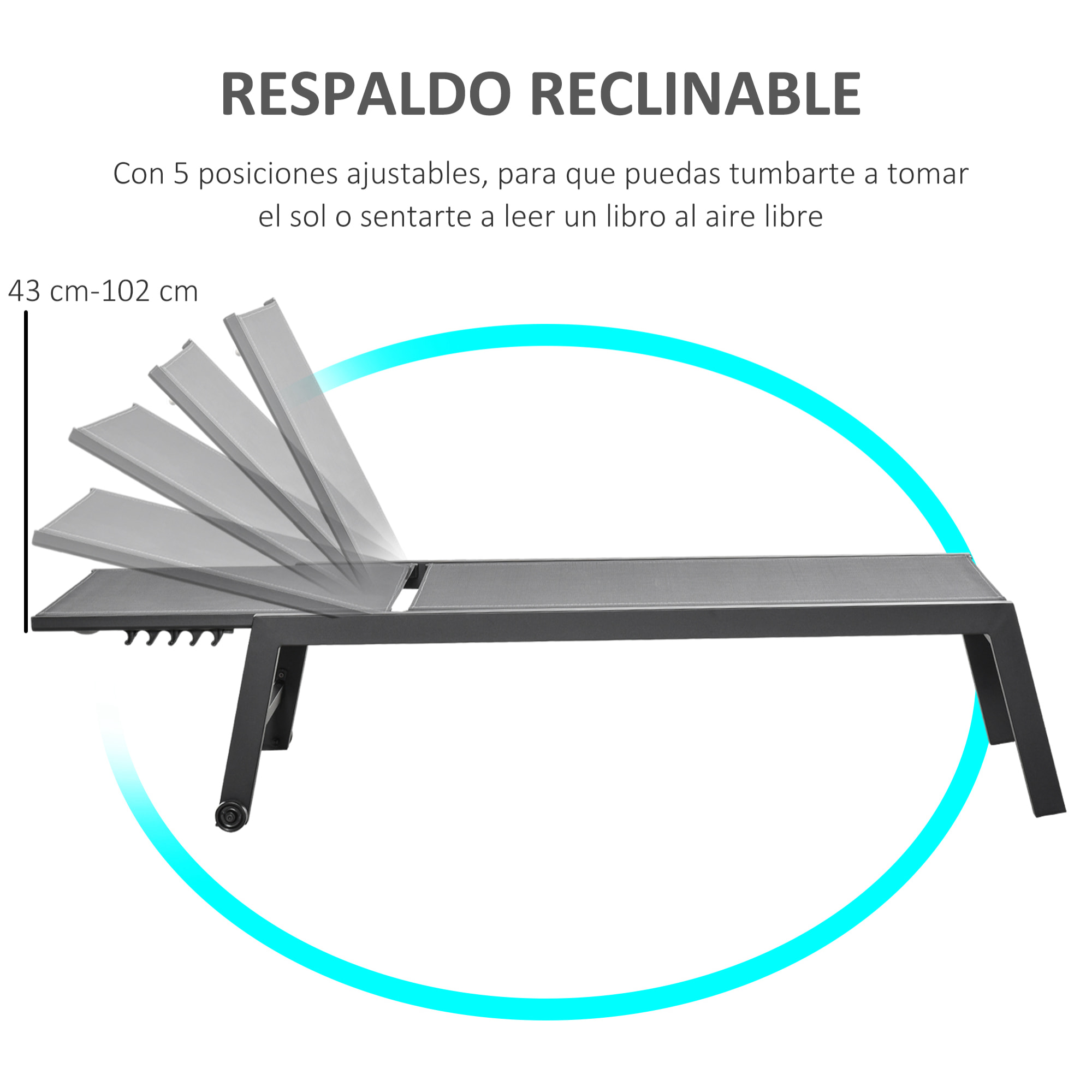 Tumbona de Jardín de Aluminio Tumbona Exterior con Respaldo Reclinable en 5 Posiciones Ruedas Carga 120 kg para Patio Terraza 169x65x102 cm Gris