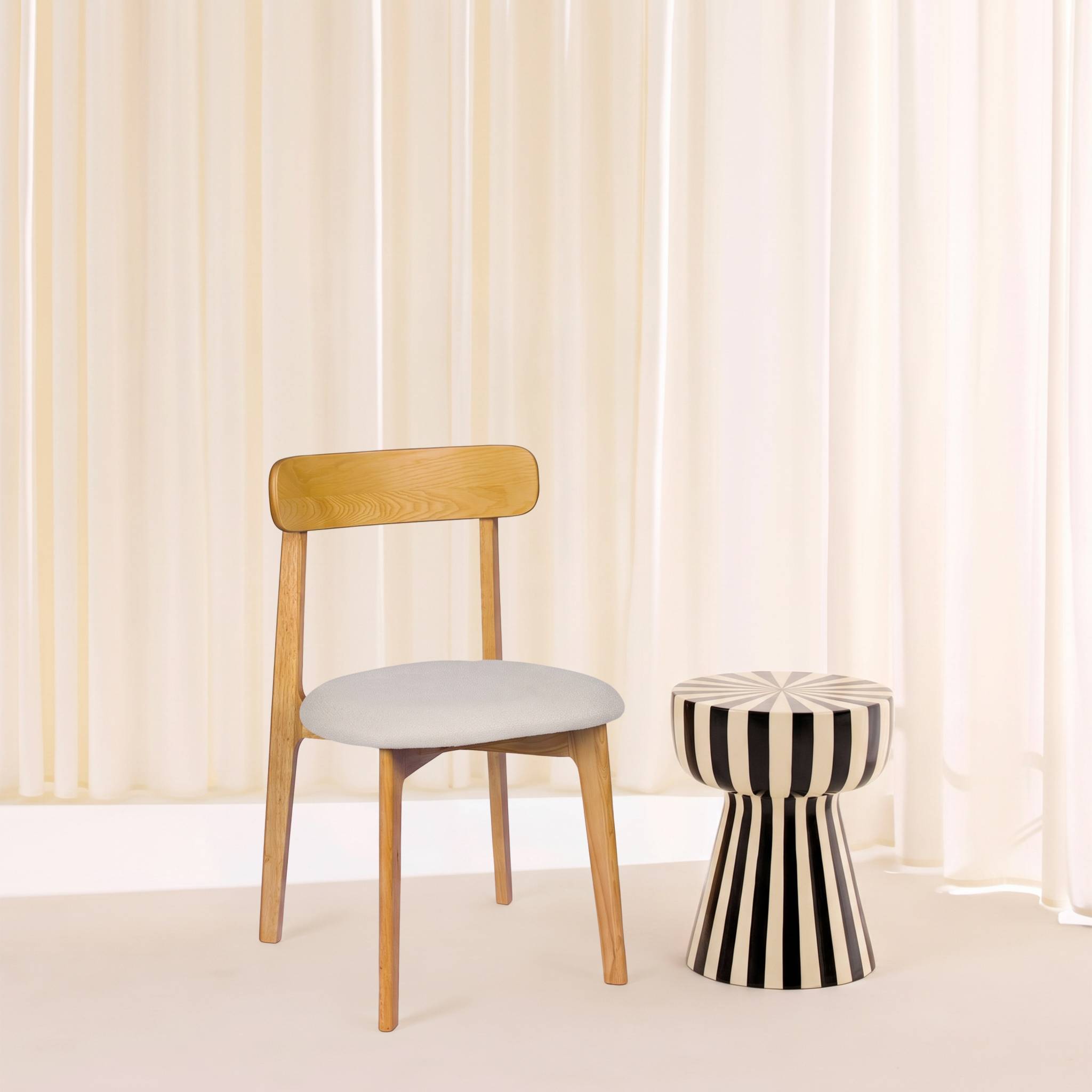Chaise vintage bois d'hévéa teinte naturelle et tissu texturé (lot de 2) VICTOIRE