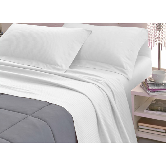 Completo Lenzuola 100% Raso Cotone Rigato 5mm Tinta Unita Bianco
