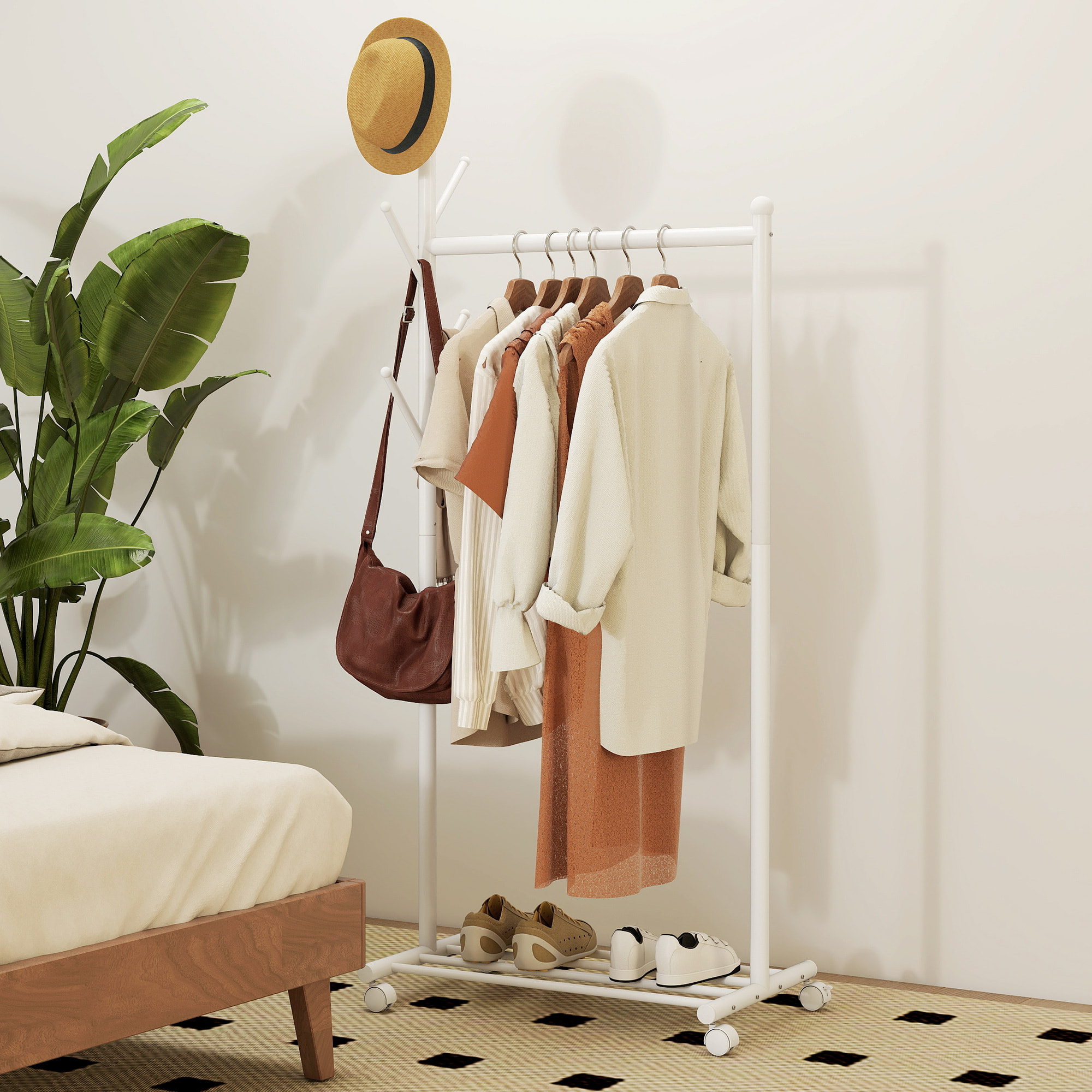 Burro Ropa con Ruedas, Perchero Burro Ropa con 5 Ganchos Barra para Colgar y Balda Inferior Perchero para Recibidor, Entrada, Dormitorio, 68x43x171 cm, Blanco