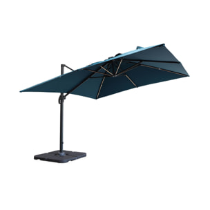 Parasol déporté solaire LED 3x3m Luce bleu canard avec lumière intégrée + housse