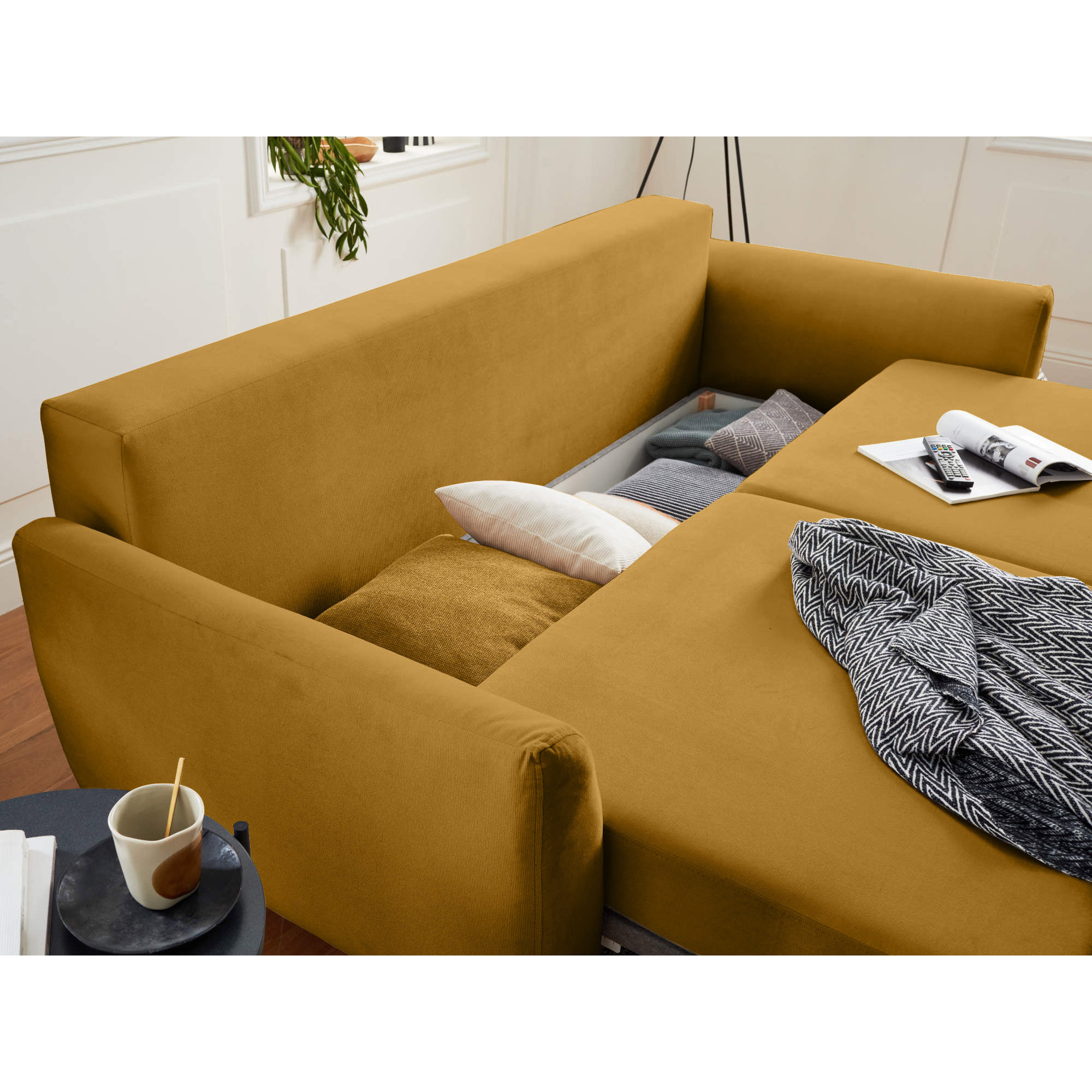 Nils - Canapé droit 3 places convertible - avec coffre de rangement - Velours - Jaune