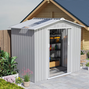 Cobertizo de Jardín 2,42m² con Base de Refuerzo Sin Suelo 213x130x185 cm Caseta de Jardín Exterior con Puertas Correderas Claraboya 4 Ventanas para Almacenamiento de Herramientas Gris Plata