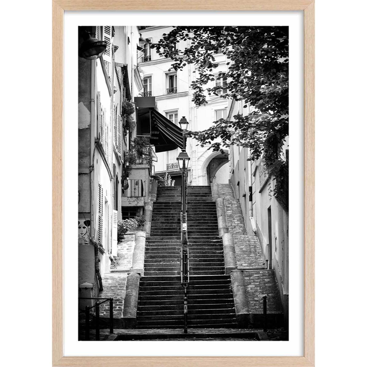 Affiche Paris, rue de Montmartre Affiche + cadre en bois - Chêne