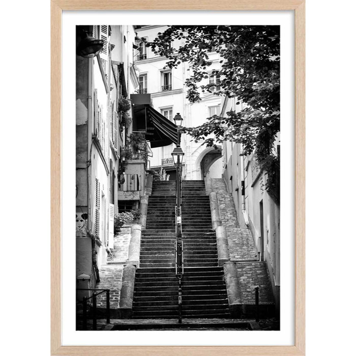 Affiche Paris, rue de Montmartre Affiche + cadre en bois - Chêne