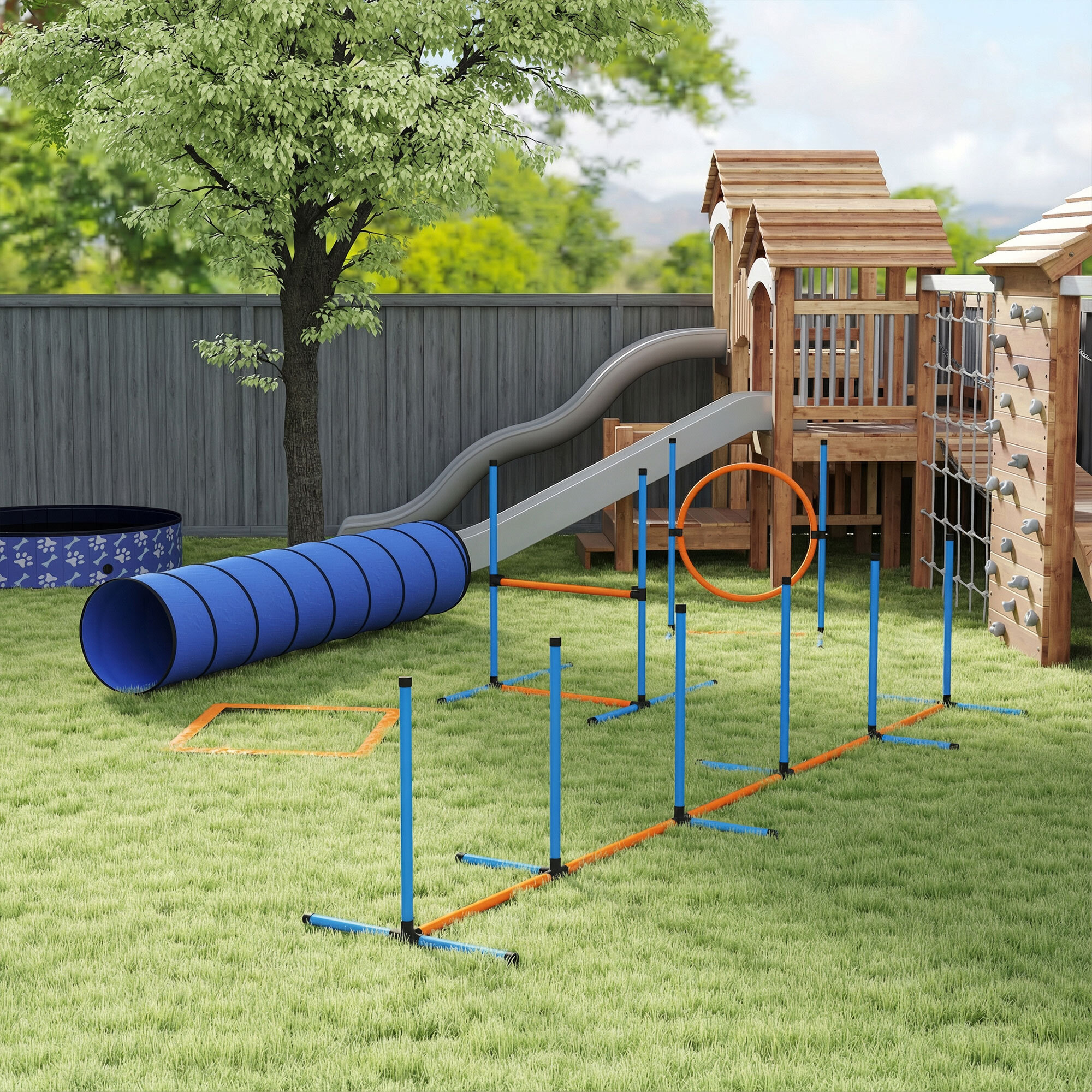 Kit d'agilité complet pour chien 8 pièces - tunnel, slalom, obstacles - orange bleu