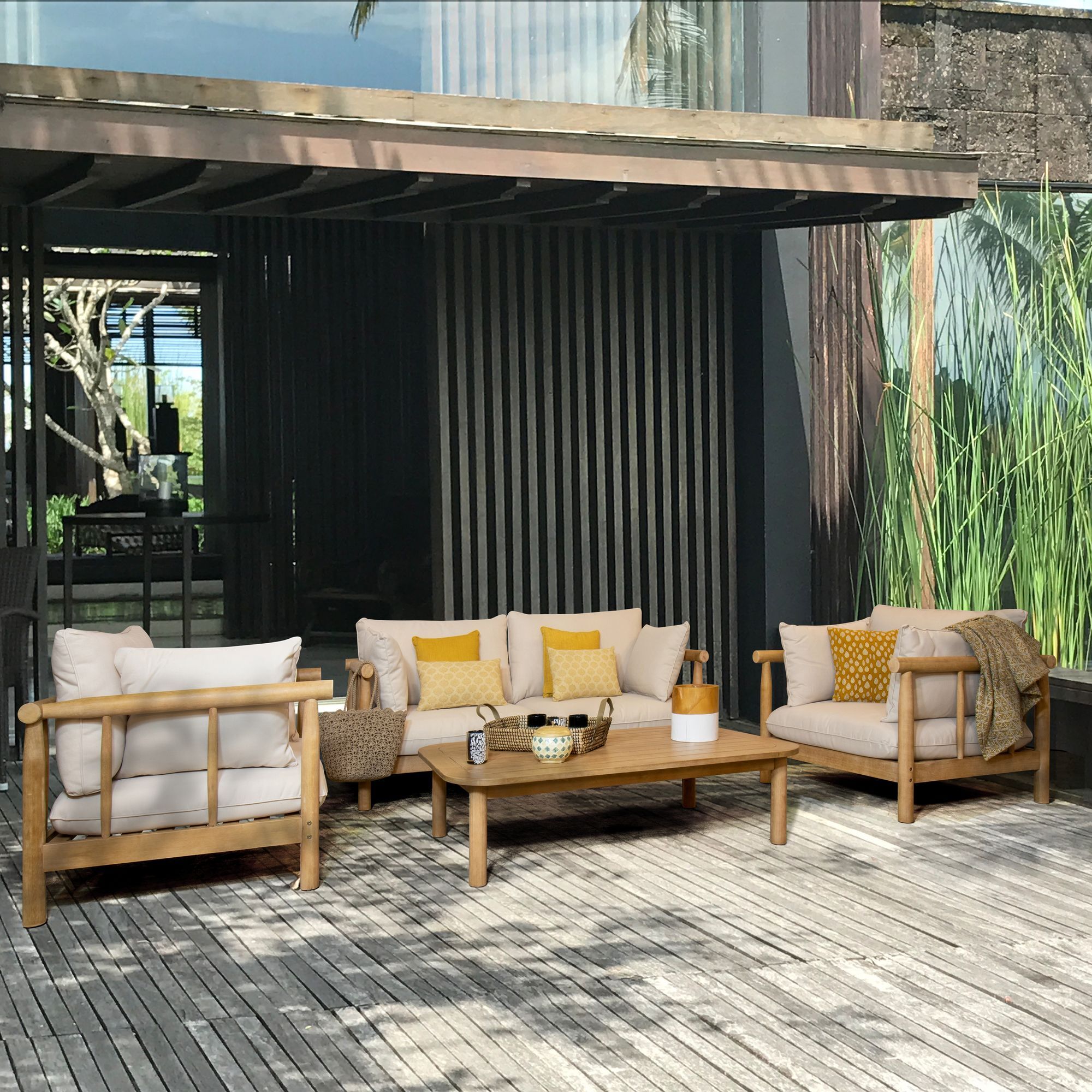 Salon de jardin en bois d'eucalyptus et coussins gris 4 places NOSARA