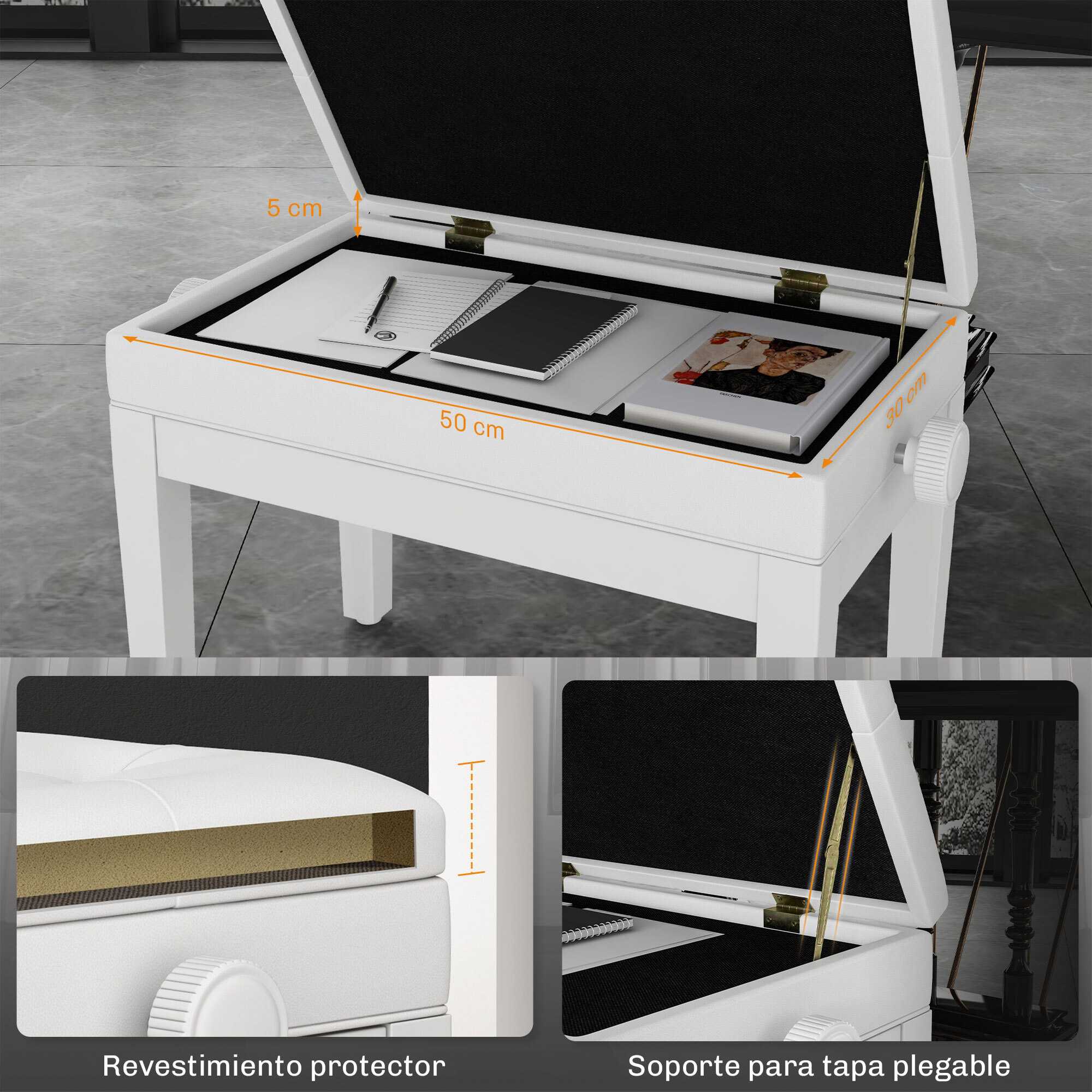 Banqueta para Piano Banco para Piano con Ajustable en Altura de 48 a 58 cm Espacio de Almacenamiento Patas de Madera Taburete para Teclado Acolchado Blanco
