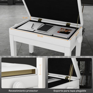 Banqueta para Piano Banco para Piano con Ajustable en Altura de 48 a 58 cm Espacio de Almacenamiento Patas de Madera Taburete para Teclado Acolchado Blanco
