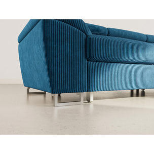 Baoji - Canapé d'angle droit 5 places convertible avec têtières et coffre en velours côtelé - Bleu