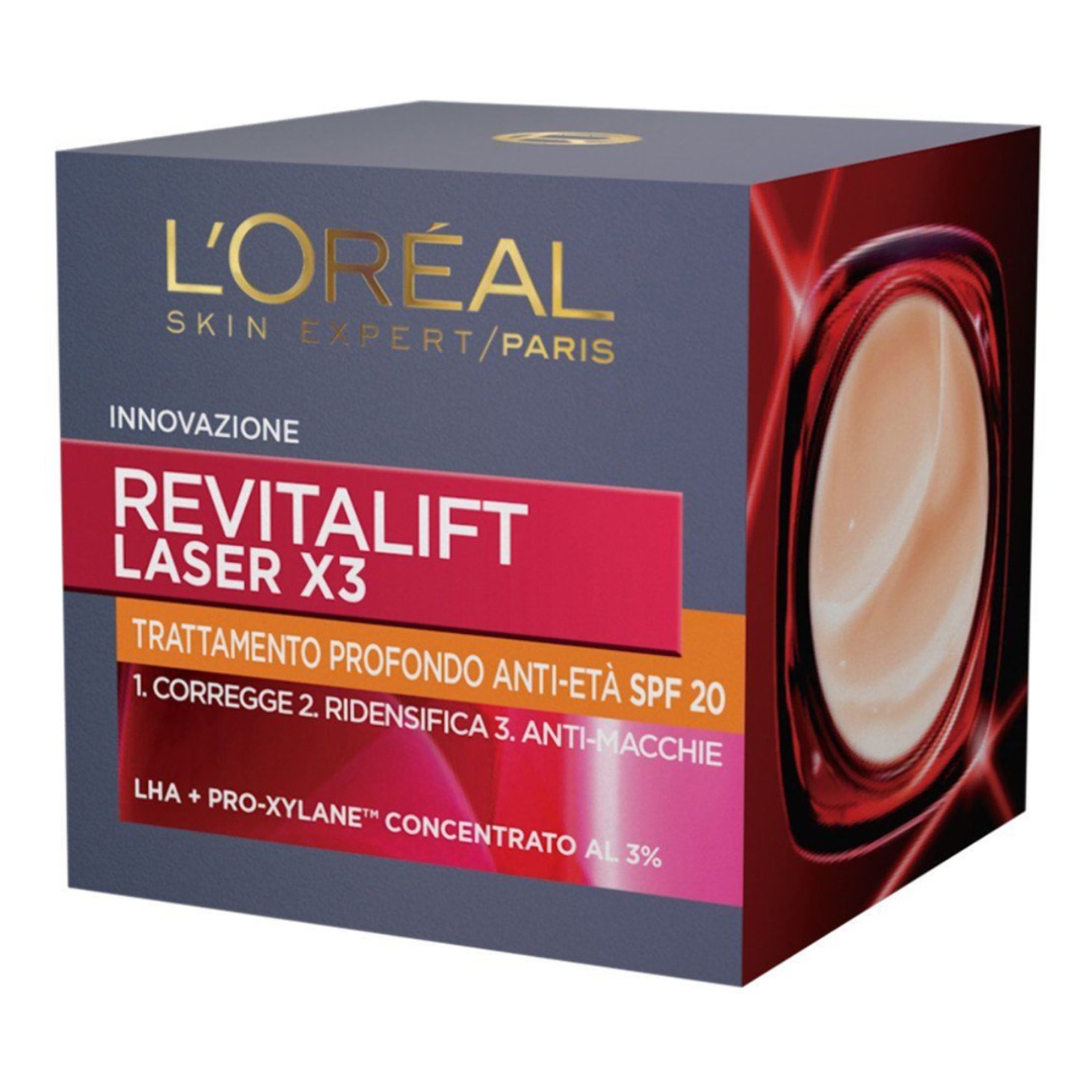 Crema Giorno SPF20 Anti-Età per Viso Skin Expert Revitalift Laser X3 Trattamento Profondo Ridensificante Anti-Macchie con Acido Ialuronico e Pro-Xylane