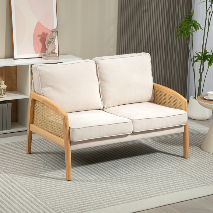Sofá de 2 Plazas Tapizado en Chenilla Sofá de Salón con 2 Almohadas Lavables y Reposabrazos de Ratán Sintético Sofá Pequeño Carga 240 kg 123x75x88 cm Beige
