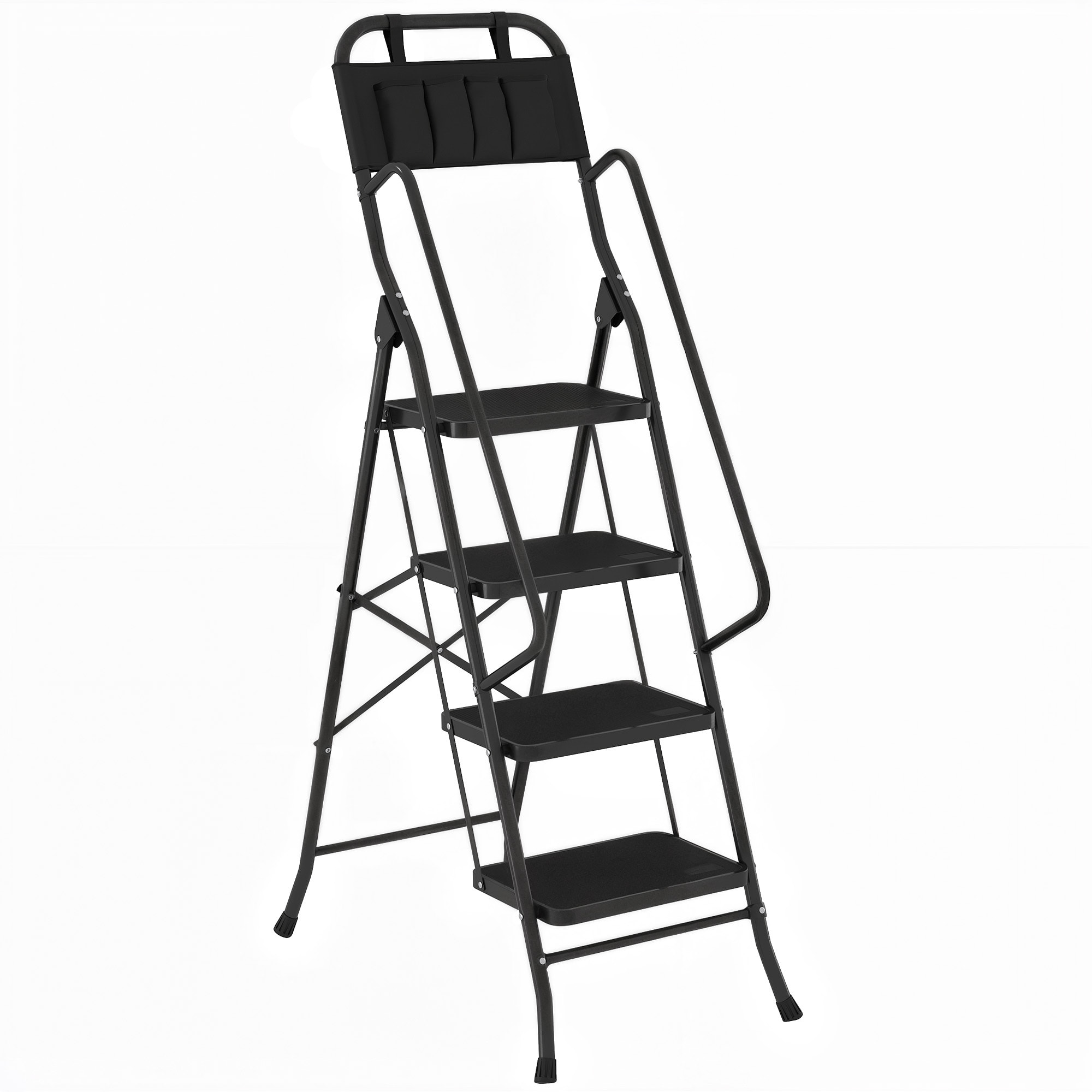 Escalera Plegable de 4 Peldaños con Bolsa de Herramientas, Escalera de Tijera, Carga 150 kg, con Peldaños Anchos Antideslizantes, Bloqueo de Seguridad, Apoyabrazos, Negro