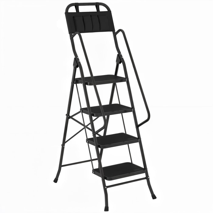 Escalera Plegable de 4 Peldaños con Bolsa de Herramientas, Escalera de Tijera, Carga 150 kg, con Peldaños Anchos Antideslizantes, Bloqueo de Seguridad, Apoyabrazos, Negro