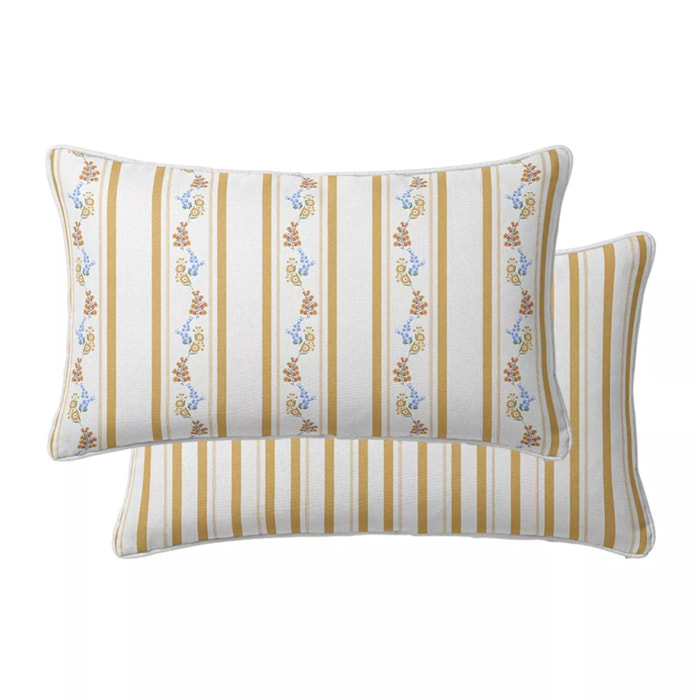 Lot de 2 taies percale de coton lavé rayé jaune beige Honfleur paille