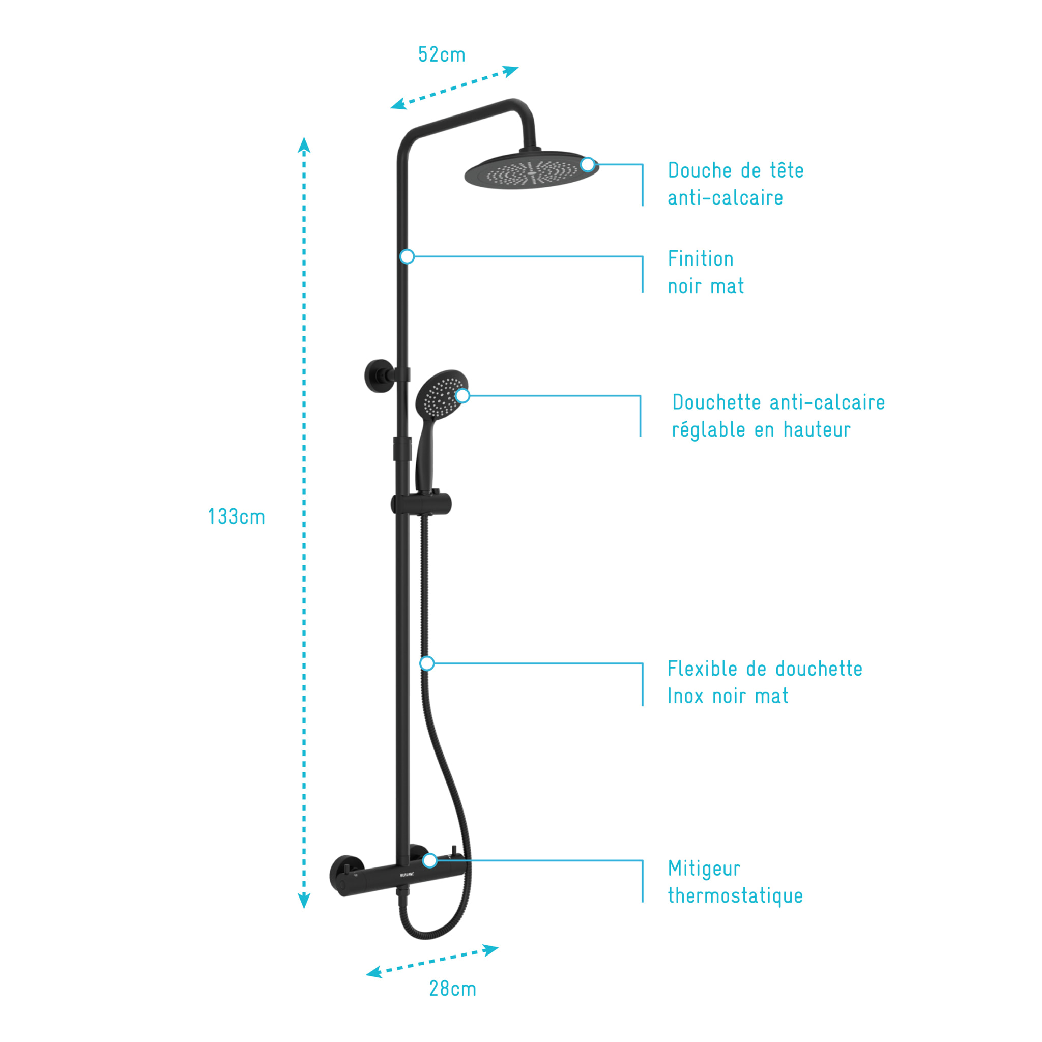Colonne de douche Thermostatique finition Noire Mate - 133x28x52 cm - MOLLY BLACK