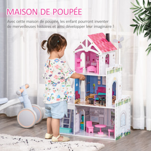 Maison de poupée 3 étages jeu d'imitation grand réalisme multi-équipements MDF rose