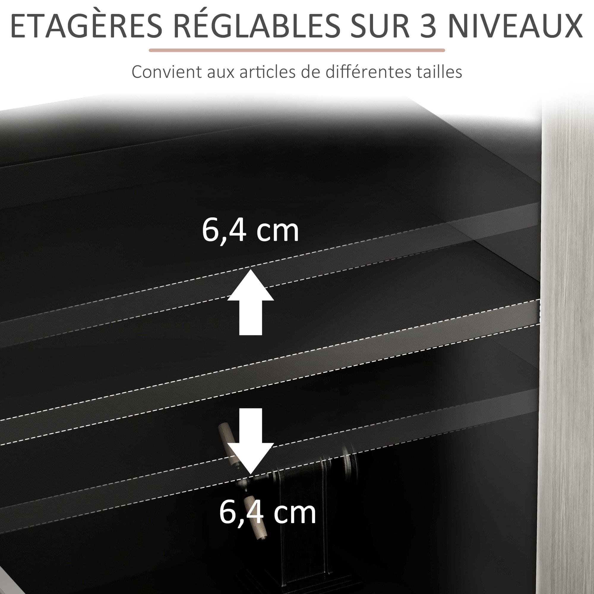 Buffet design contemporain - 4 portes, 2 étagères - dim. 121L x 37l x 75H cm - piètement effilé pin noir aspect bois gris