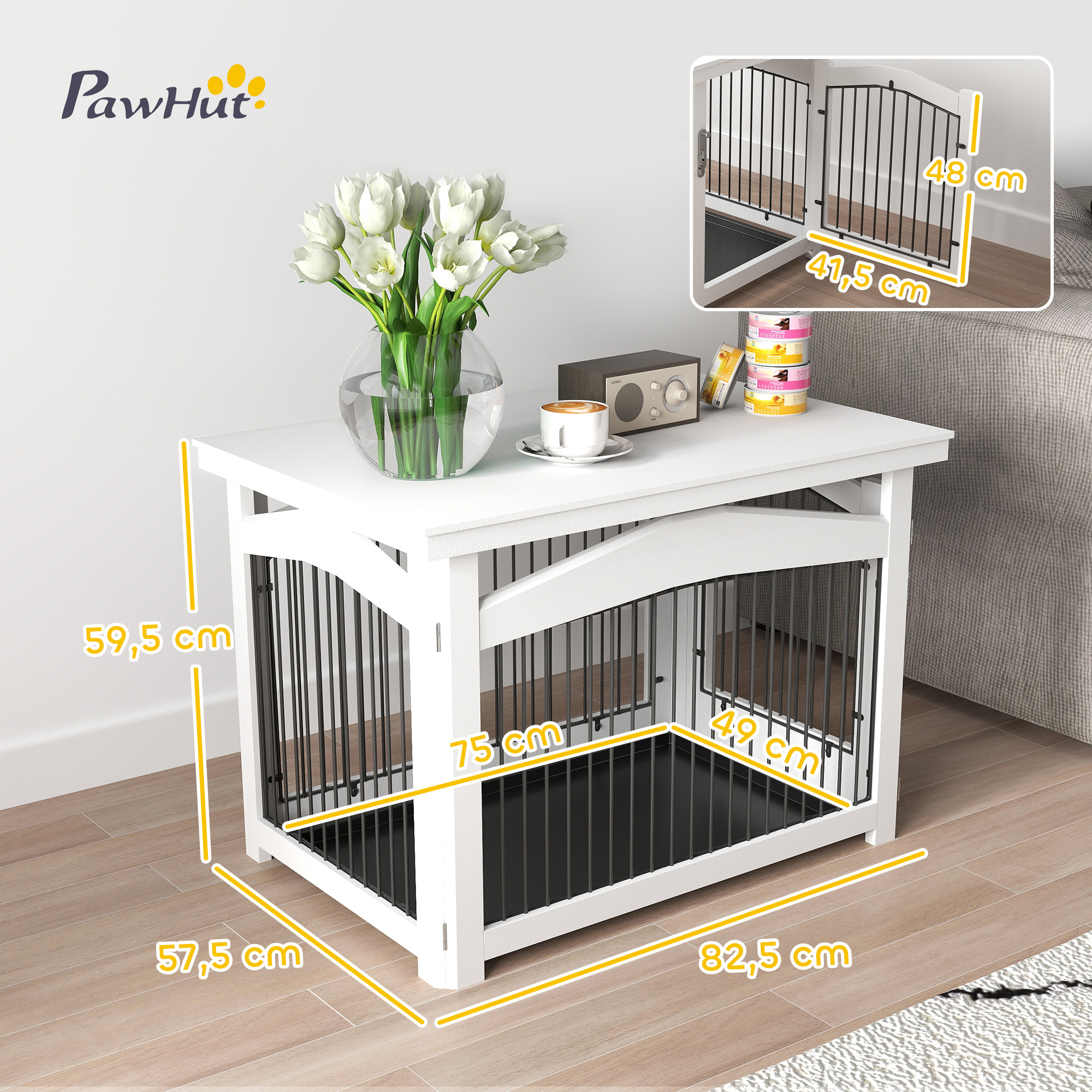 Jaula para Perros Medianos 3 en 1 Mesa Auxiliar Barrera para Perros con Puerta con Pestillo Tapa Superior Desmontable y Bandeja Extraíble 82,5x57,5x59,5 cm Blanco
