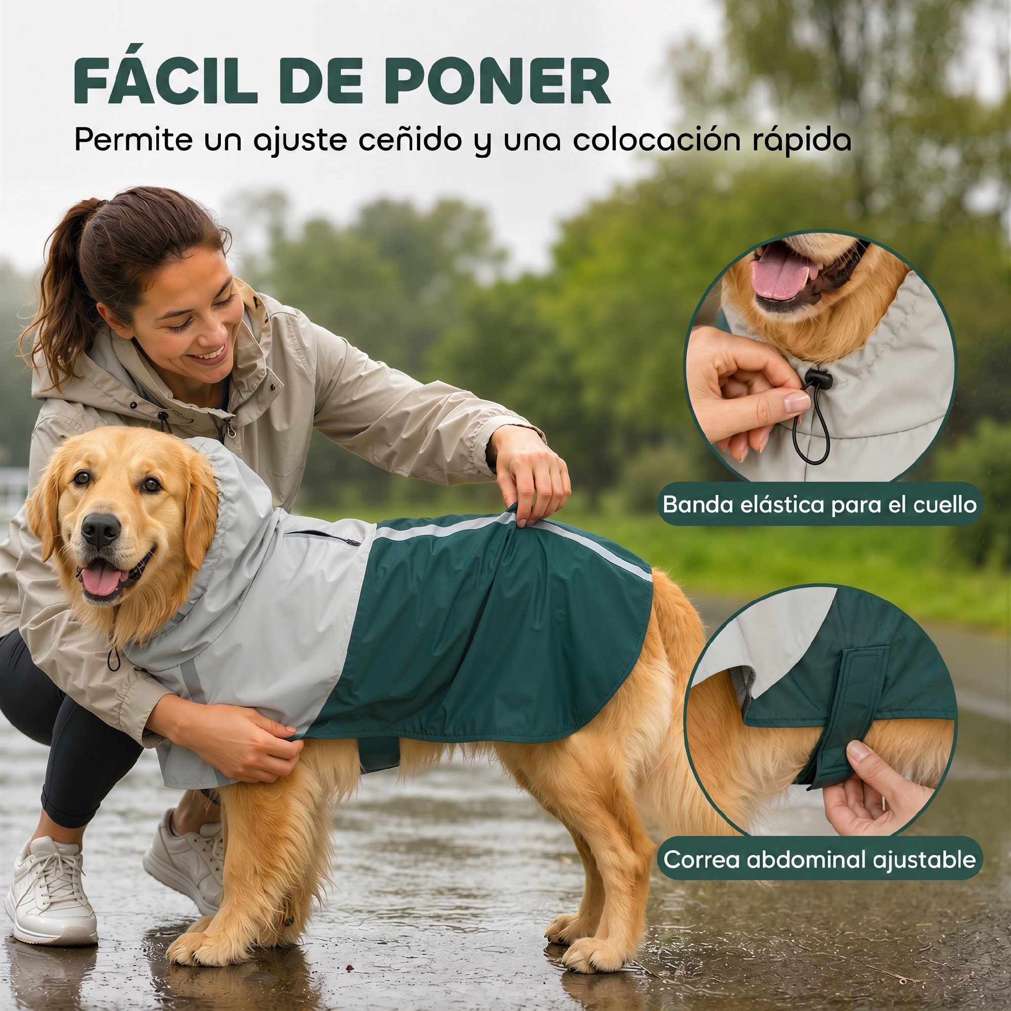 Impermeable para Perros con Capucha, Chubasquero Impermeable y Transpirable con Agujero para Correa, Tiras Reflectantes, Poncho Ajustable para Perros Grandes de 20-30 kg, L, Verde