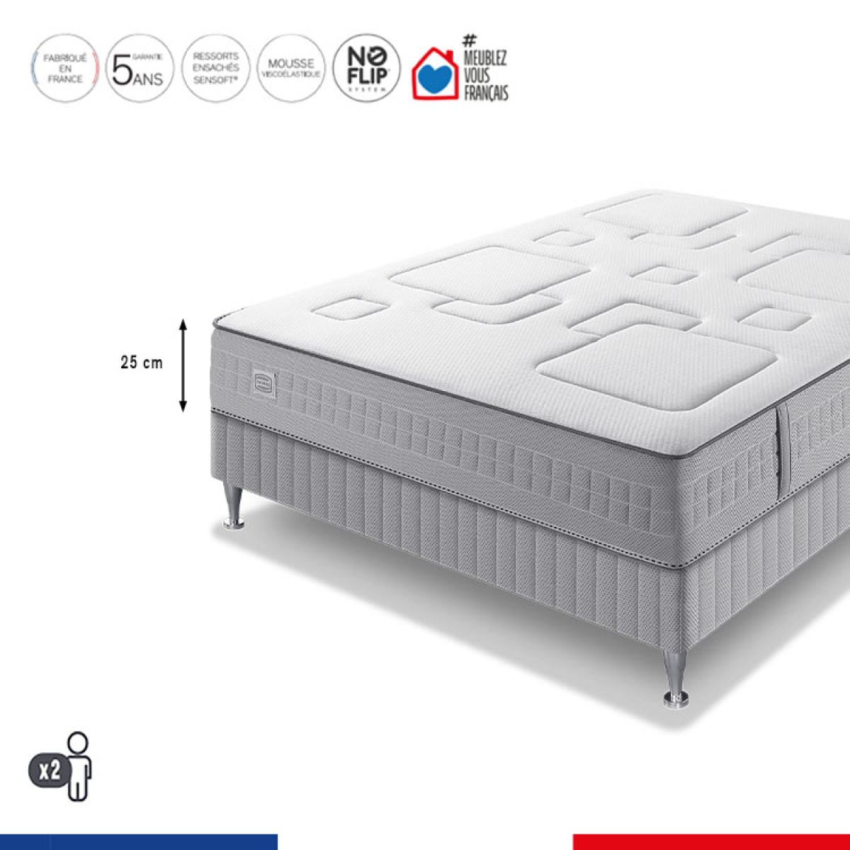 Ensemble EQUILIBRE matelas H25 ressort ensachés, ferme, 2 sommiers