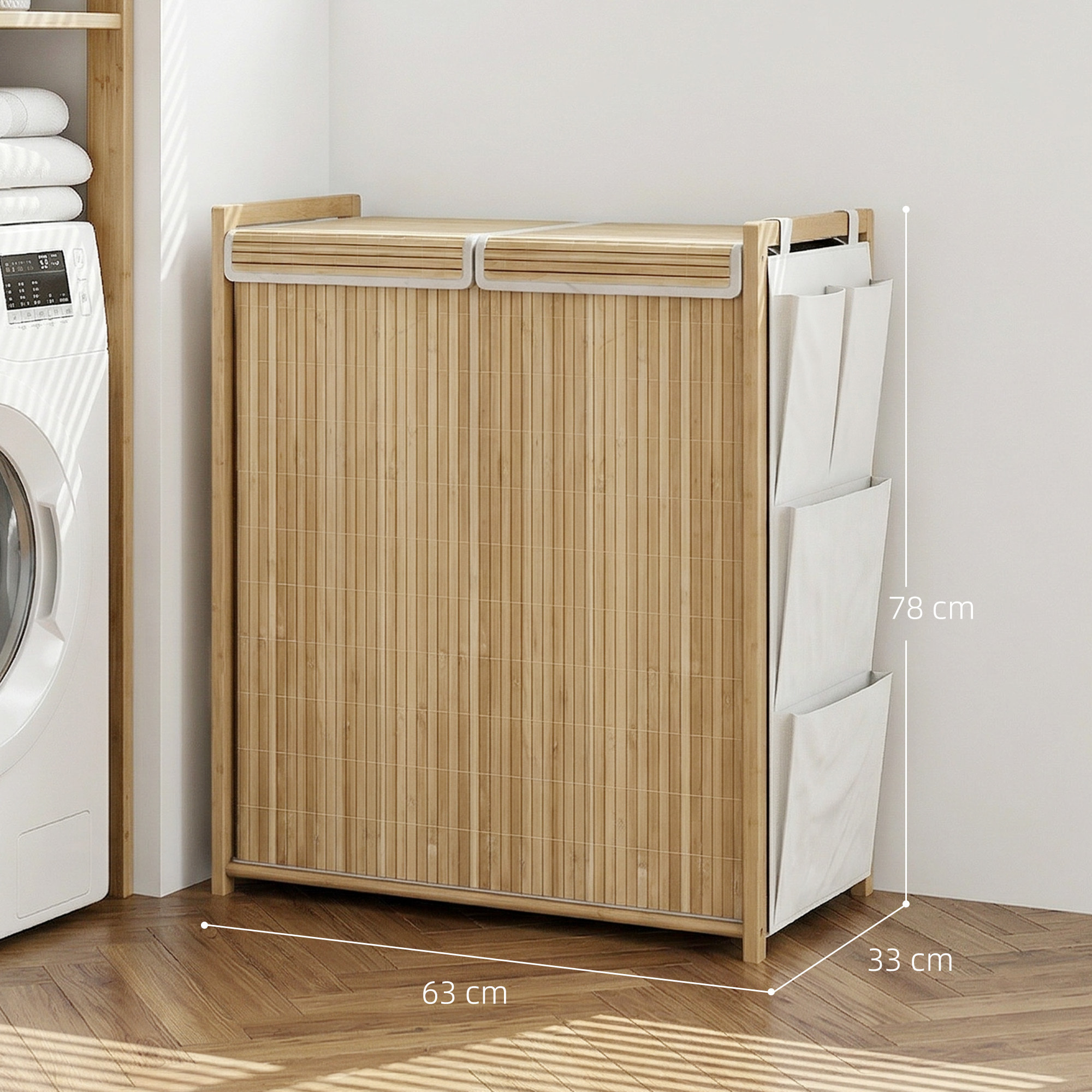 Cesto de Ropa Sucia con Tapa, 120L, Cesta Ropa Sucia de Bambú con 2 Compartimentos, Bolsas con Cordón Extraíbles y Lavables, Bolsillos Laterales, para Lavandería, 63x33x78 cm, Natural