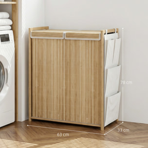 Cesto de Ropa Sucia con Tapa, 120L, Cesta Ropa Sucia de Bambú con 2 Compartimentos, Bolsas con Cordón Extraíbles y Lavables, Bolsillos Laterales, para Lavandería, 63x33x78 cm, Natural