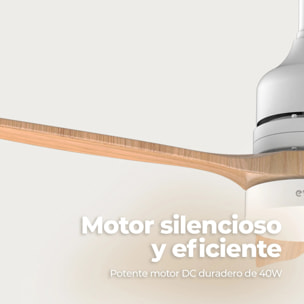 Ventilador de Techo EVVO V540 Wood – 132 cm, LED 18W 3 Tonos, 6 Velocidades, Temporizador 8h, Modo Invierno/Verano, Mando, Motor DC 40W, Altura Ajustable