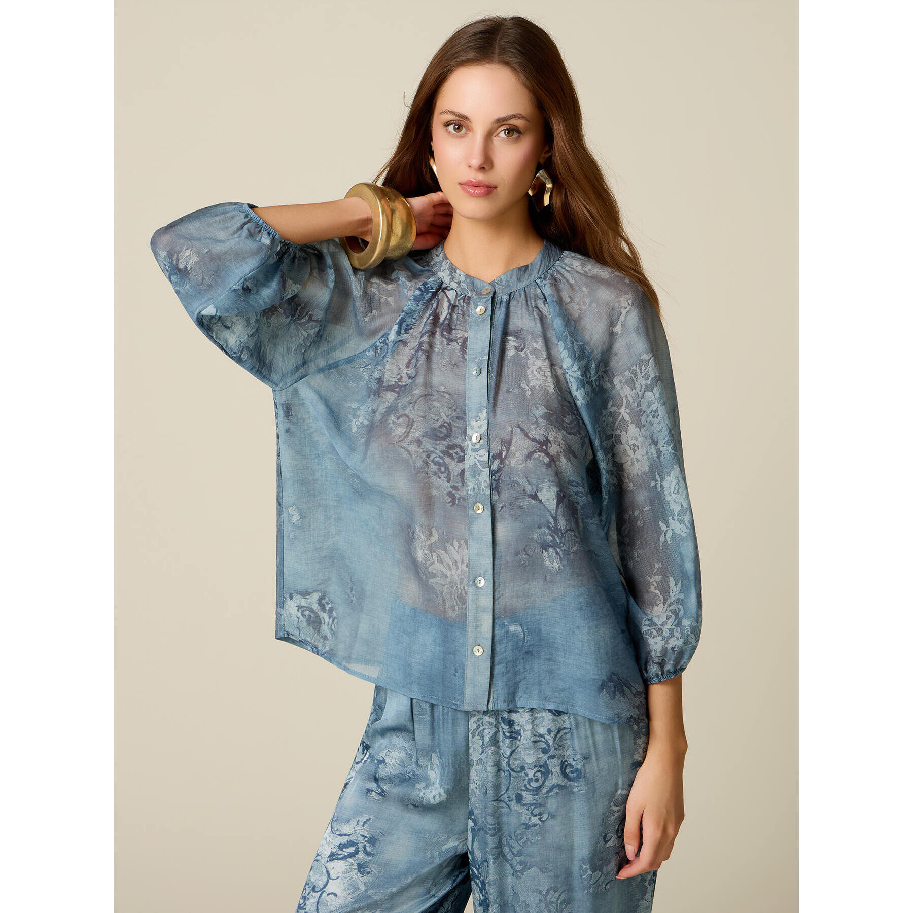 Oltre - Camisa estampada con cuello mao - Light - blue