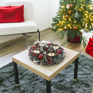 Corona con candelabro en diseño redondo con piñas y detalles rojo 27x8cm