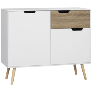 Buffet design scandinave 2 placards tiroir coulissant pieds bois massif pin panneaux particules blanc aspect bois - dim. 98L x 39l x 81,5H cm