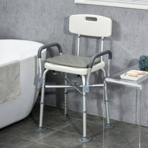 Chaise de douche réglable avec accoudoirs dossier coussin alu HDPE gris blanc