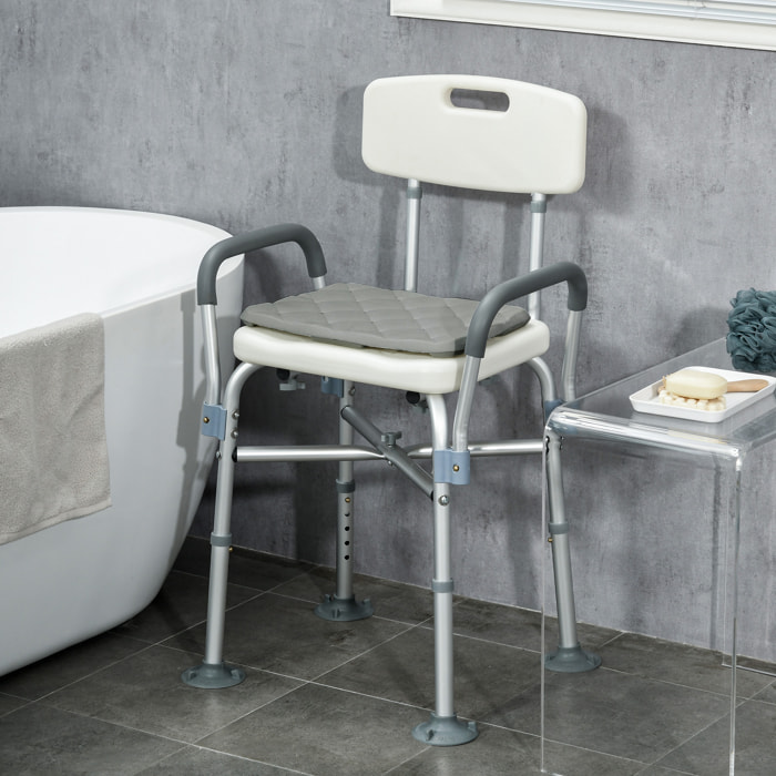 Chaise de douche réglable avec accoudoirs dossier coussin alu HDPE gris blanc