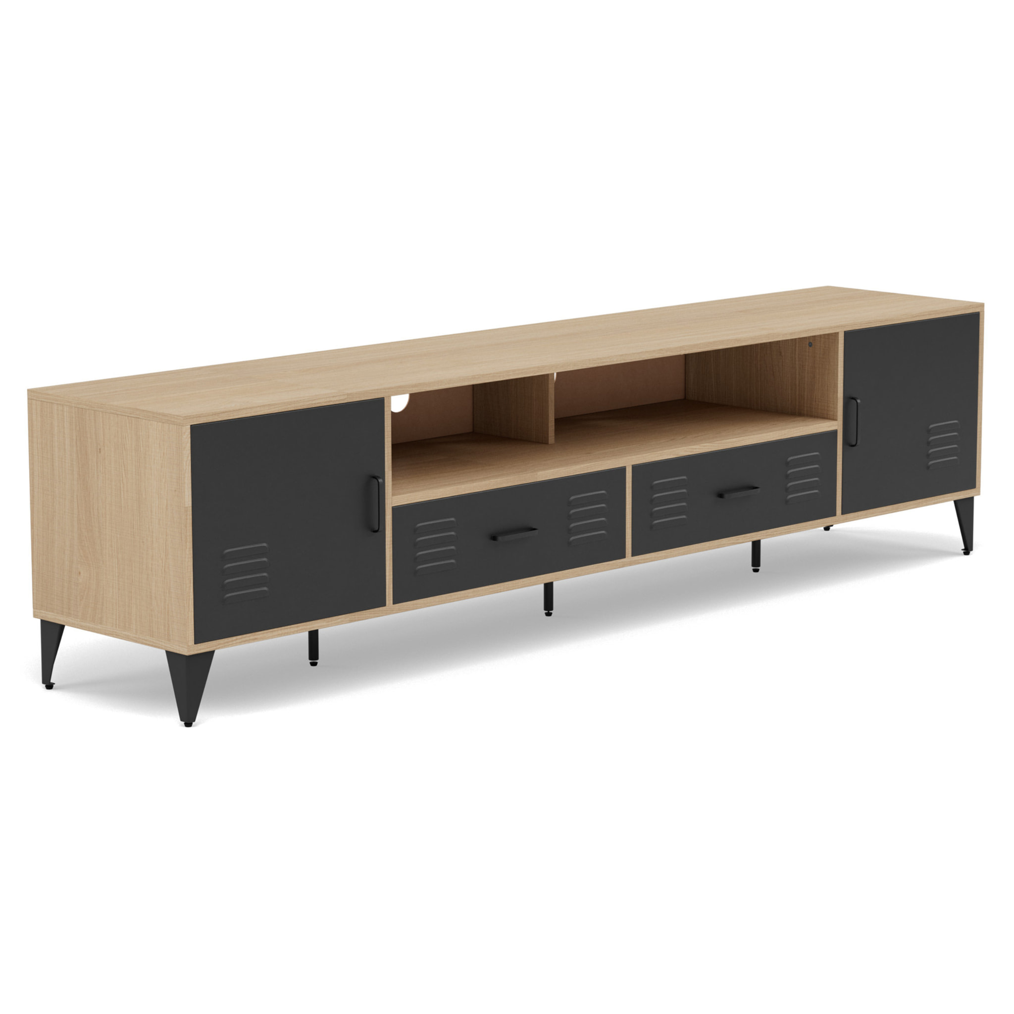 Tribeca - meuble tv - effet bois et métal noir - 2 portes et 2 tiroirs - 200 cm - Bois / Noir