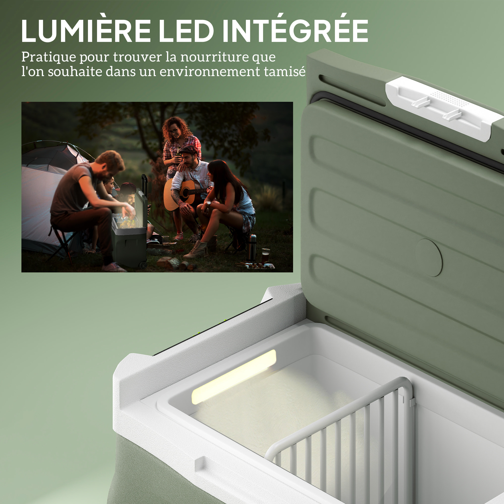 Glacière électrique portable 40L modes ECO/MAX -20°C-20°C poignée télescopique alimentation AC/DC vert