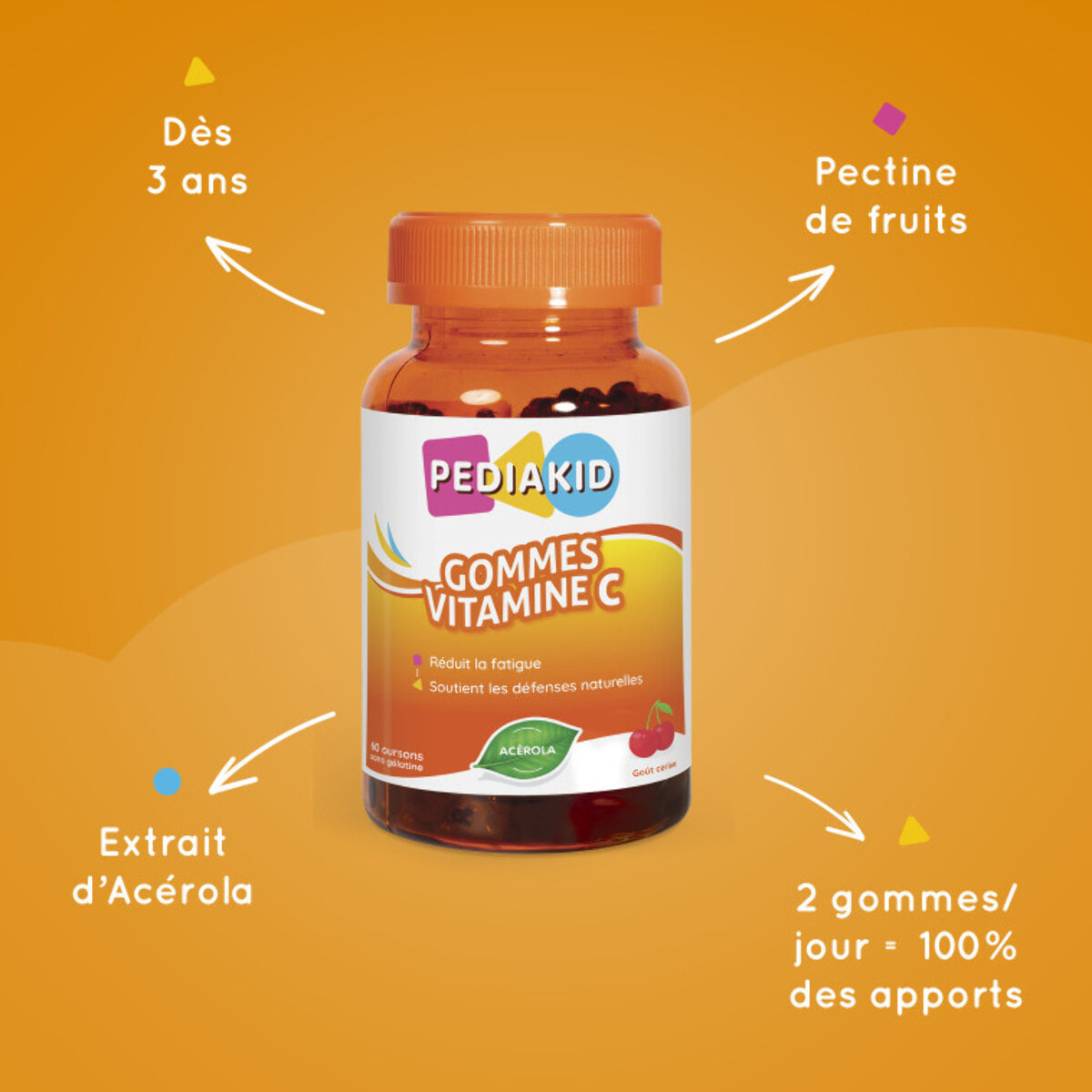 PEDIAKID - Gommes Vitamine C - Formule Naturelle au Délicieux Arôme de Cerise - Contribue à Réduire la Fatigue - Soutient le Métabolisme Énergétique et les Défenses de l'Organisme - Lot de 3 piluliers