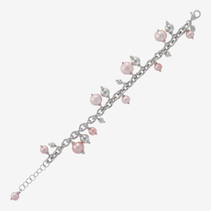 PERLAVIVA - Bracciale Catena Rolo in Argento 925 placcato Oro Bianco 18Kt e Charms in Perle d'Acqua Dolce Rosa Ø 7-10 mm