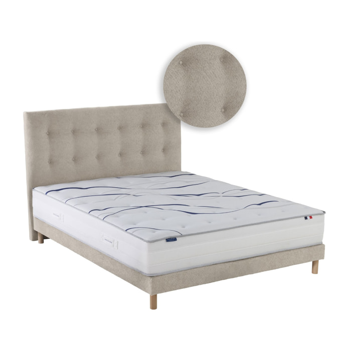 Ensemble matelas mousse ELYSIA avec sommier et tête de lit, chenille bouclettes crème
